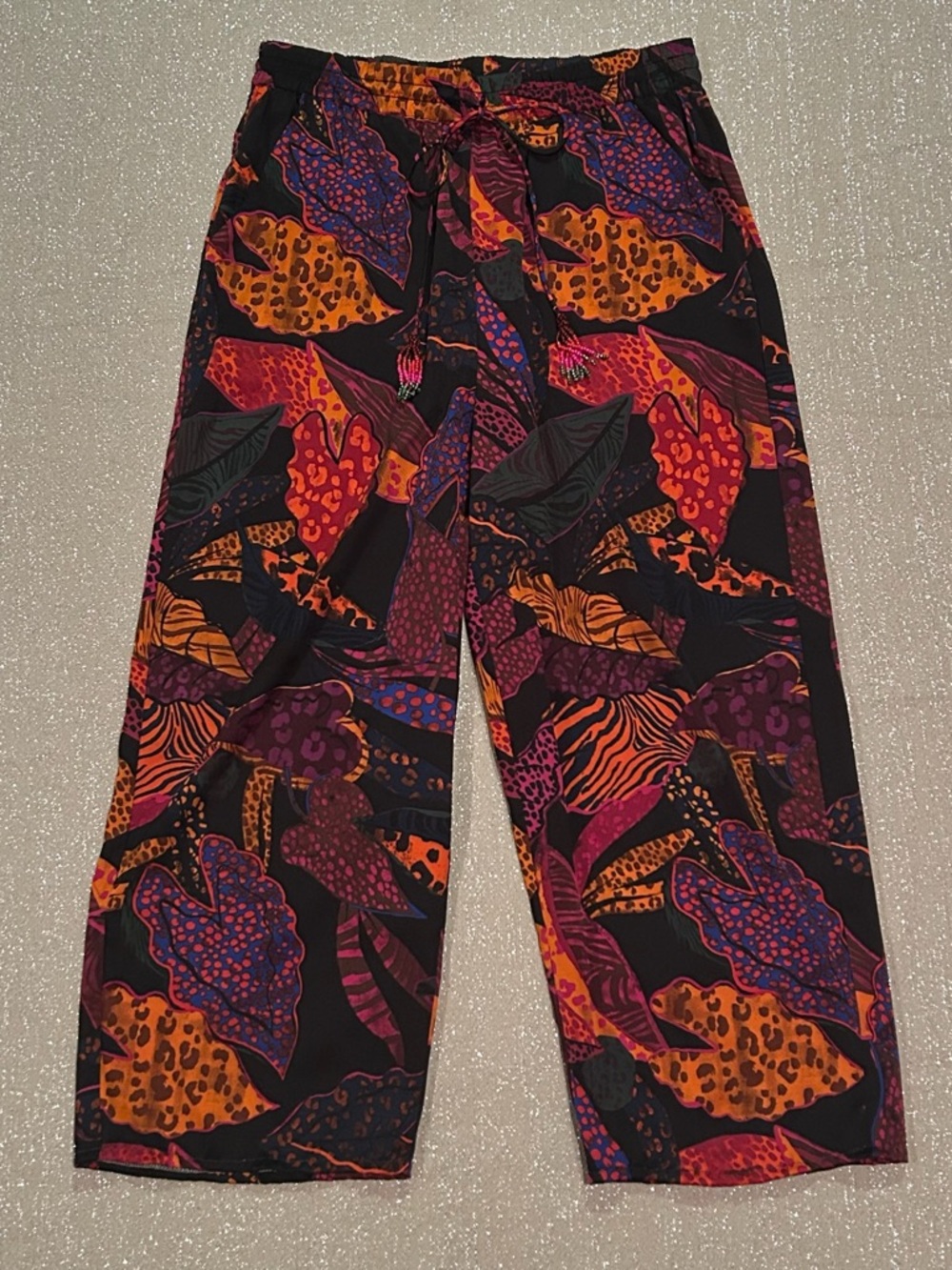 Rachel Zoe Orange and Pink Floral Pants with Beaded Tassels, size M
